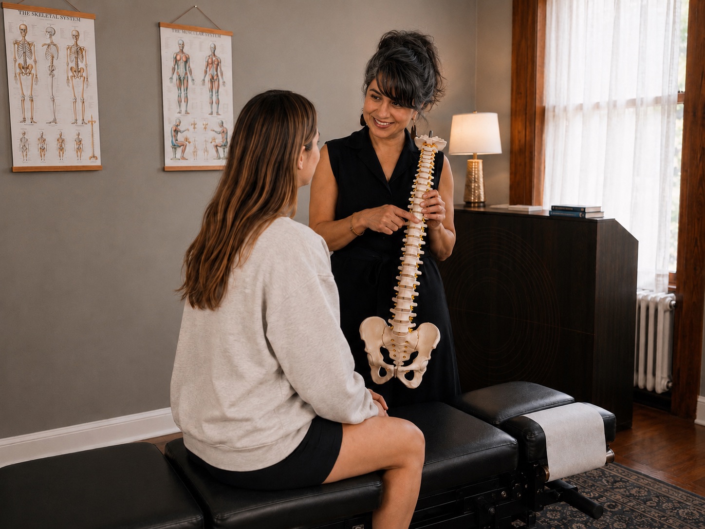 Dr. Isabelle Roy-Battista explaining spinal anatomy to a patient at Sandy Hill Wellness