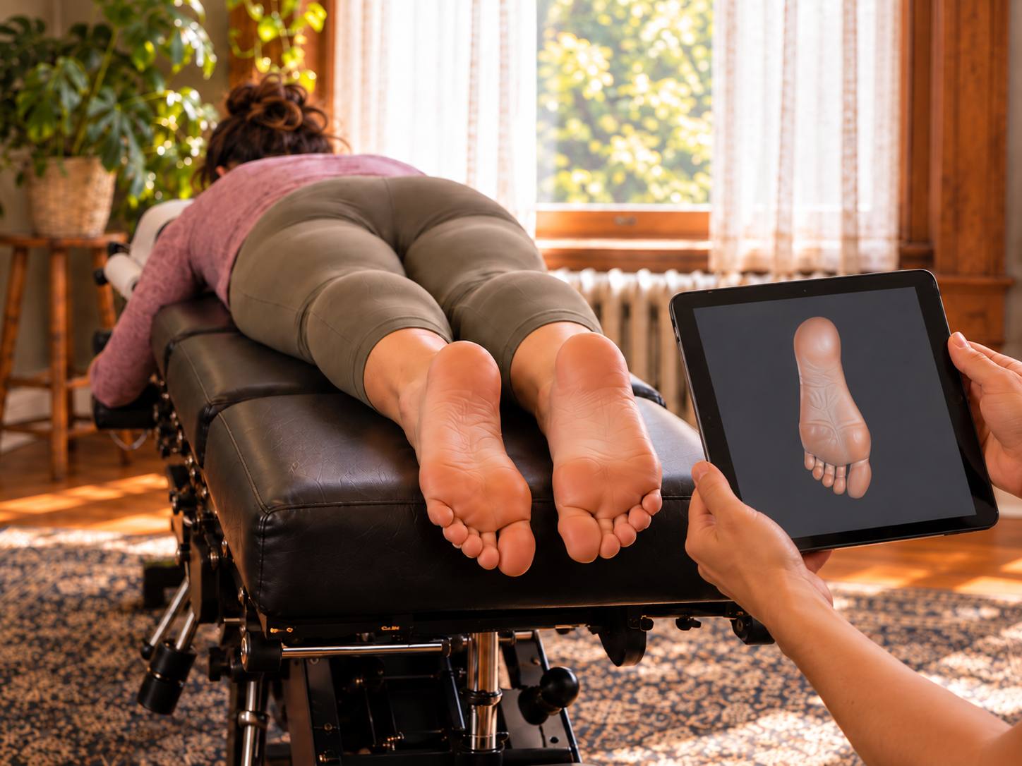 Une numérisation 3D du pied examinée sur une tablette pendant une évaluation pour orthèses